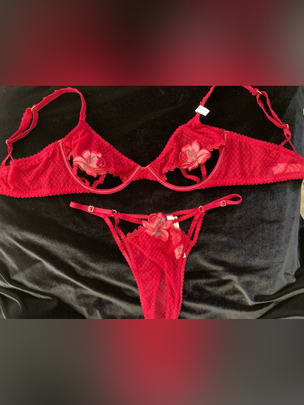 NWT Victoria’s Secret Very Sexy Sz XL Unlined Mesh Rose Appliqué Bra & Panty Set
